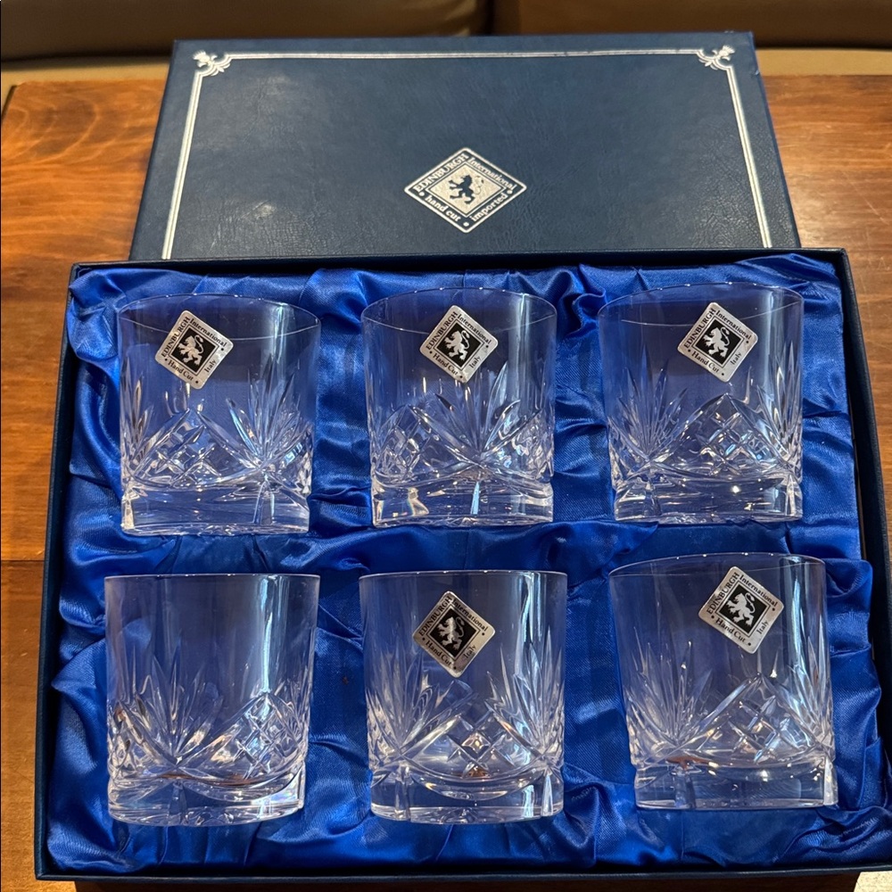 NIB VINTAGE Edinburgh Hand Cut Crystal Whiskey Glass Set 6 MCM Old Fashioned 3”